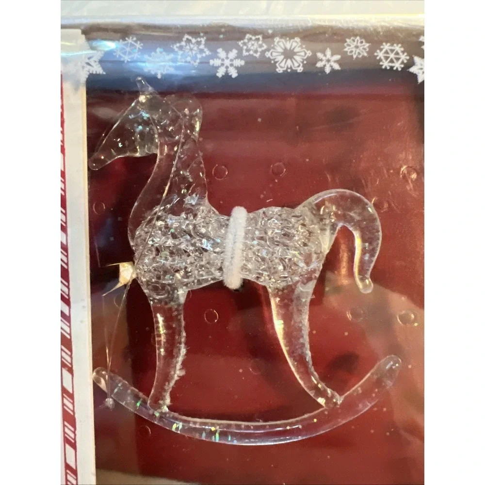 1986 Bradford Spun Glass Christmas Rocking Horse Ornament with Box
